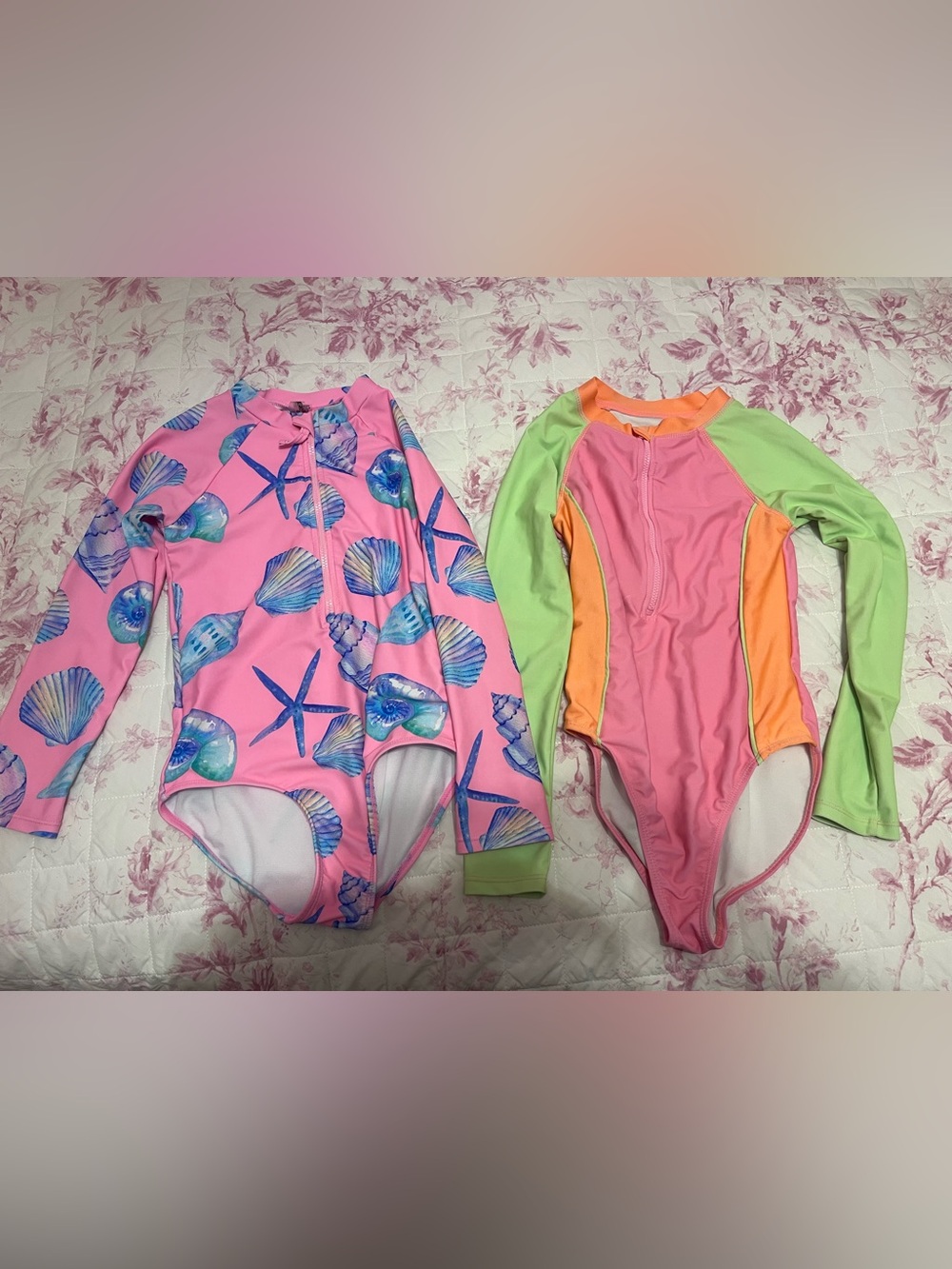 Girls' Pink Seashell & Colorblock Neon Long-Sleeve Swimsuits - 2 Pack